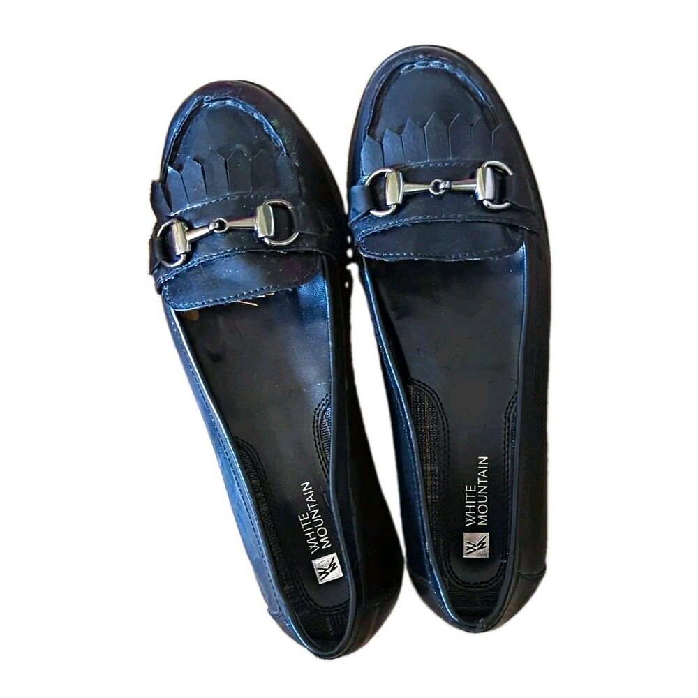 White Mountain Women’s Black Loafer Flats Fringe Metal Bit Faux Leather Sz 7 M